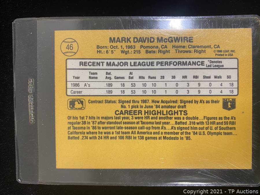 Lot - Mark McGwire 1987 Donruss Rookies Baseball Card Number 1