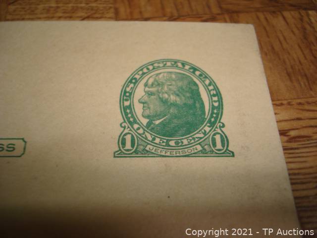 B15) 1949 JEFFERSON ONE CENT PENNY POSTCARD USED