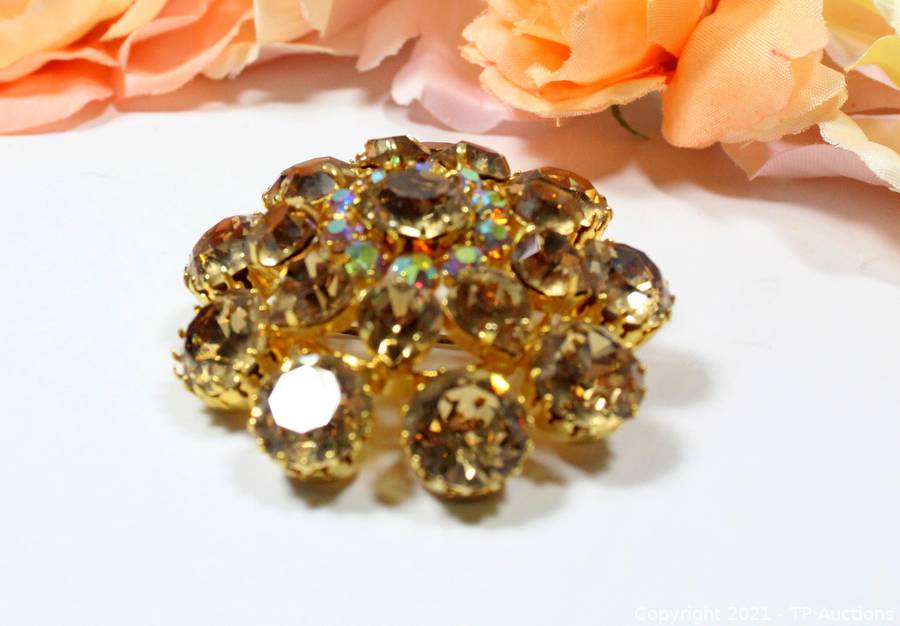 Signed Austria Rhinestone Brooch Orange and Brown Rhinestones